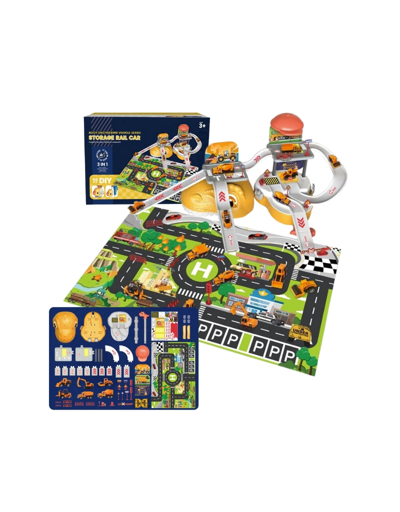 Kids 59 PCS 3 in 1 Dinosaur Storage Suitcase Garage Parking set showing all pieces and packaging.